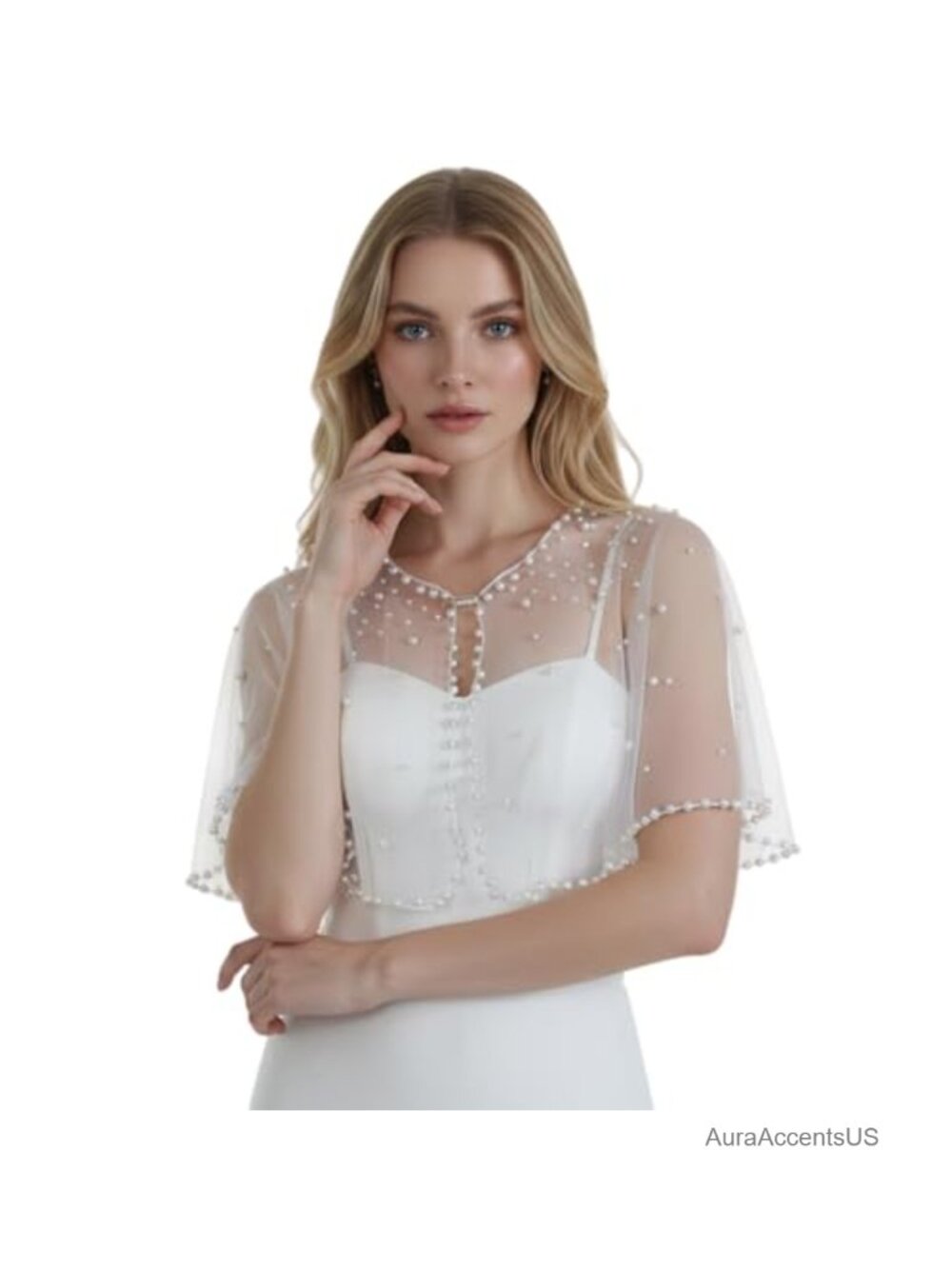 Pearl Tulle Sheer Bridal Cape Shawl Wrap Women Elegant Party Shoulder Cover Up